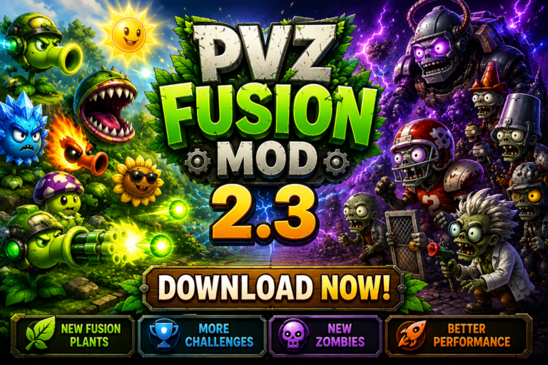 PvZ Fusion 2.3 Download gameplay showing Travel Adventure, new fusion plants and Ultimate Clown Zombie