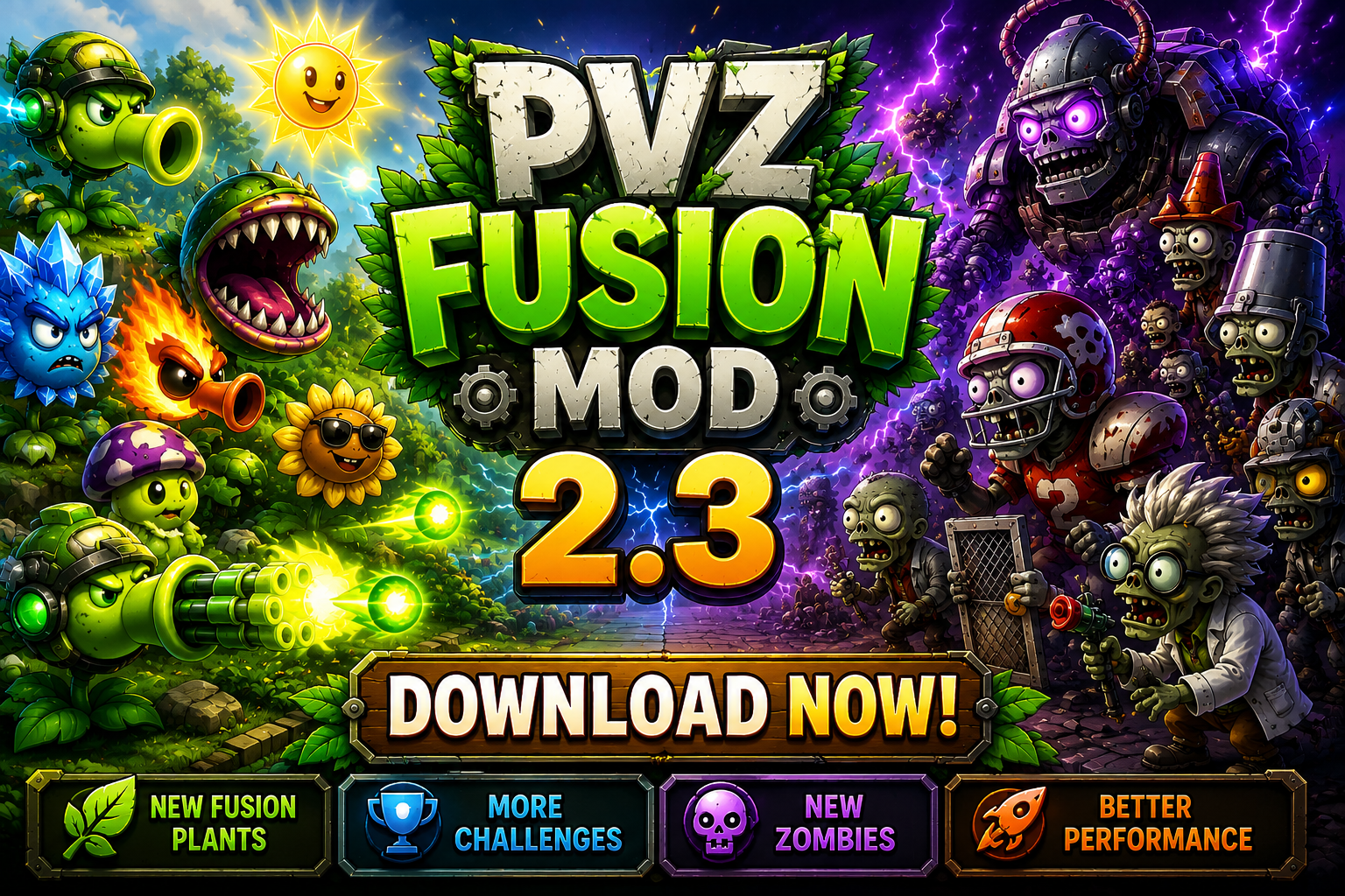PvZ Fusion 2.3 Download gameplay showing Travel Adventure, new fusion plants and Ultimate Clown Zombie
