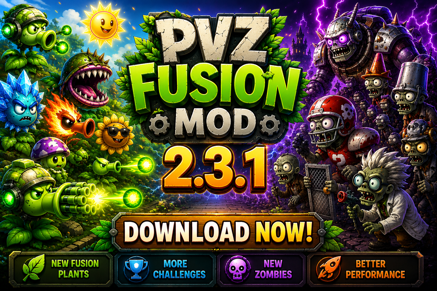 PvZ Fusion 2.3.1 Download gameplay showing Adventure Mode fixes, Travel Adventure improvements and performance optimizations